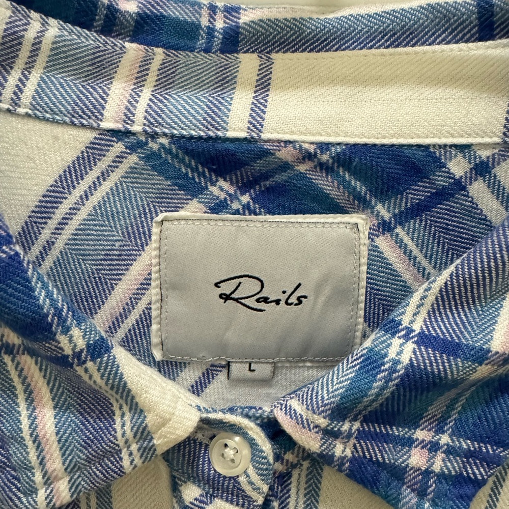 Rails Hunter Plaid Shirt L Button Down Long Sleeve White Blue Lilac Soft - Picture 4 of 7